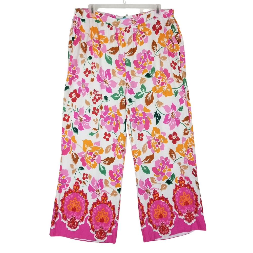 Draper James Floral Wide Leg Pants Women XXL Pink Orange Linen Blend Boho